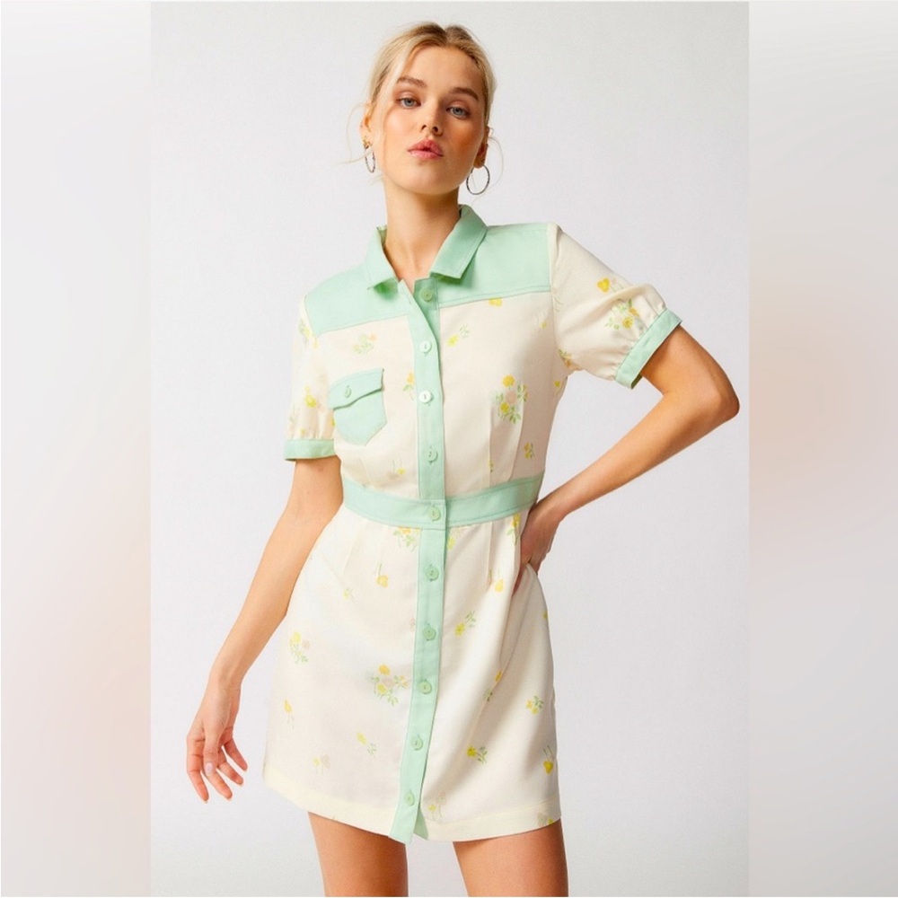 Urban Outfitters Cream Mini Dress with Mint Trim and Yellow Floral - Picture 1 of 11